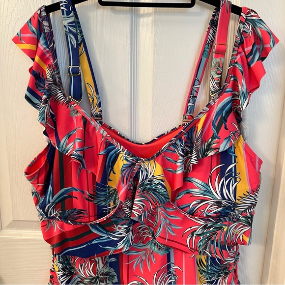 XOXO One Piece Swimsuit Coral Pink Stripe w/Palms Sz 2X - Picture 4 of 12